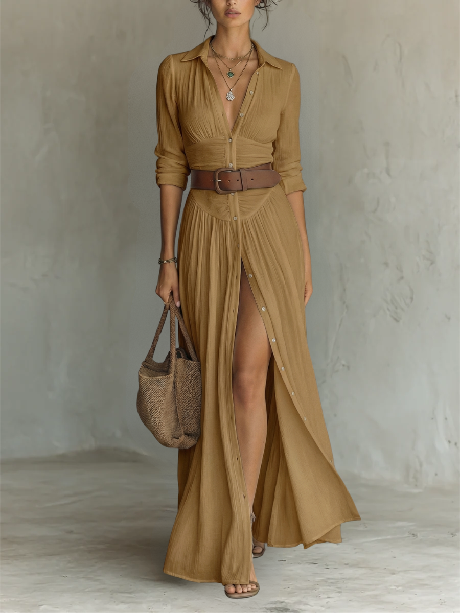Mia | Vestido maxi camisero de manga larga