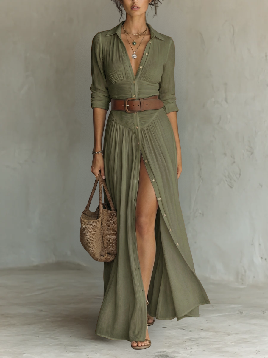 Mia | Vestido maxi camisero de manga larga