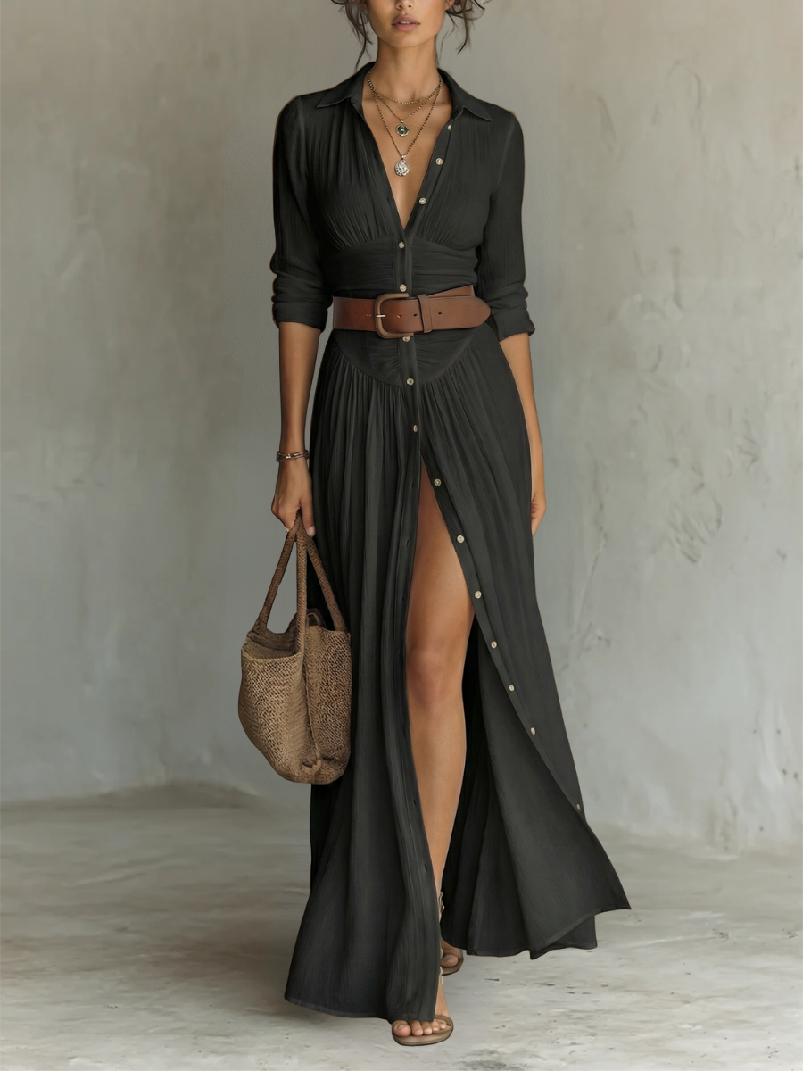 Mia | Vestido maxi camisero de manga larga
