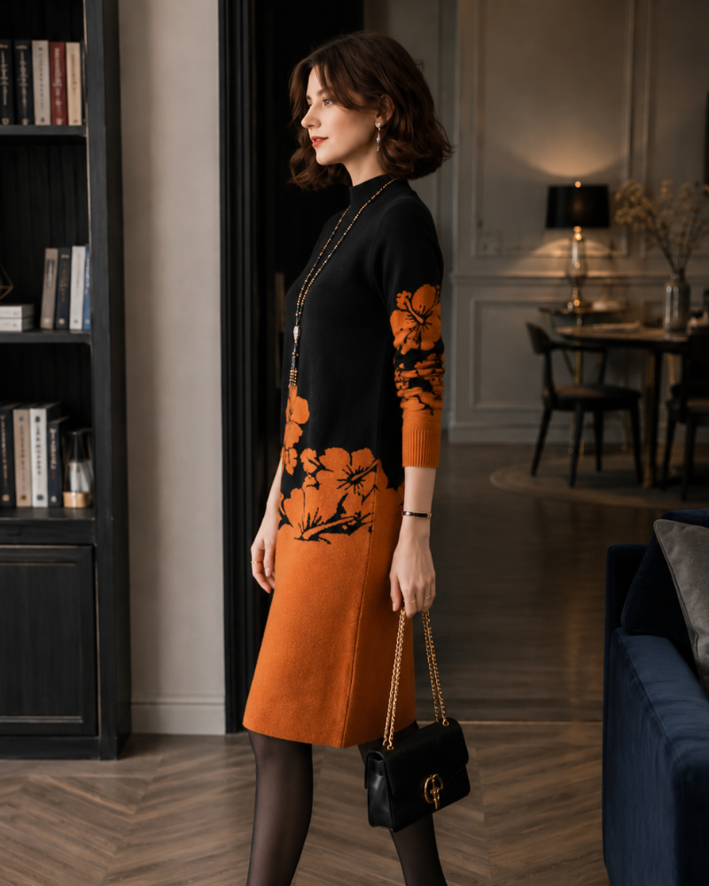 Nieves | Vestido midi de punto floral cuello alto