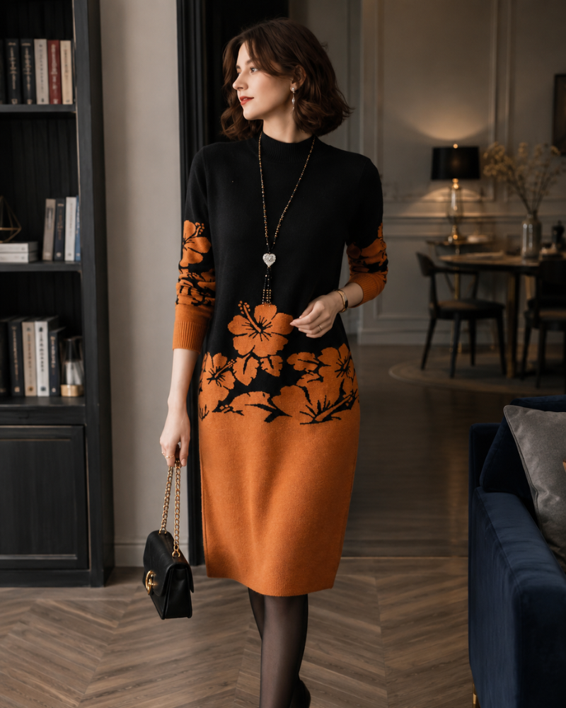 Nieves | Vestido midi de punto floral cuello alto
