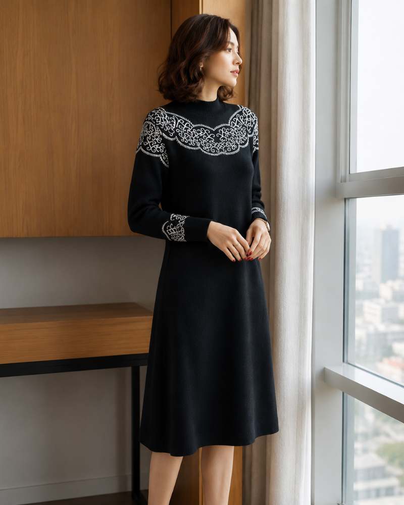 Nerea | Vestido midi de punto con motivo contraste