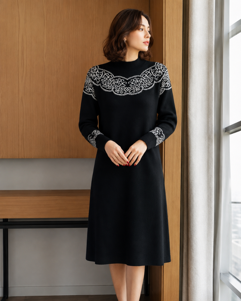 Nerea | Vestido midi de punto con motivo contraste