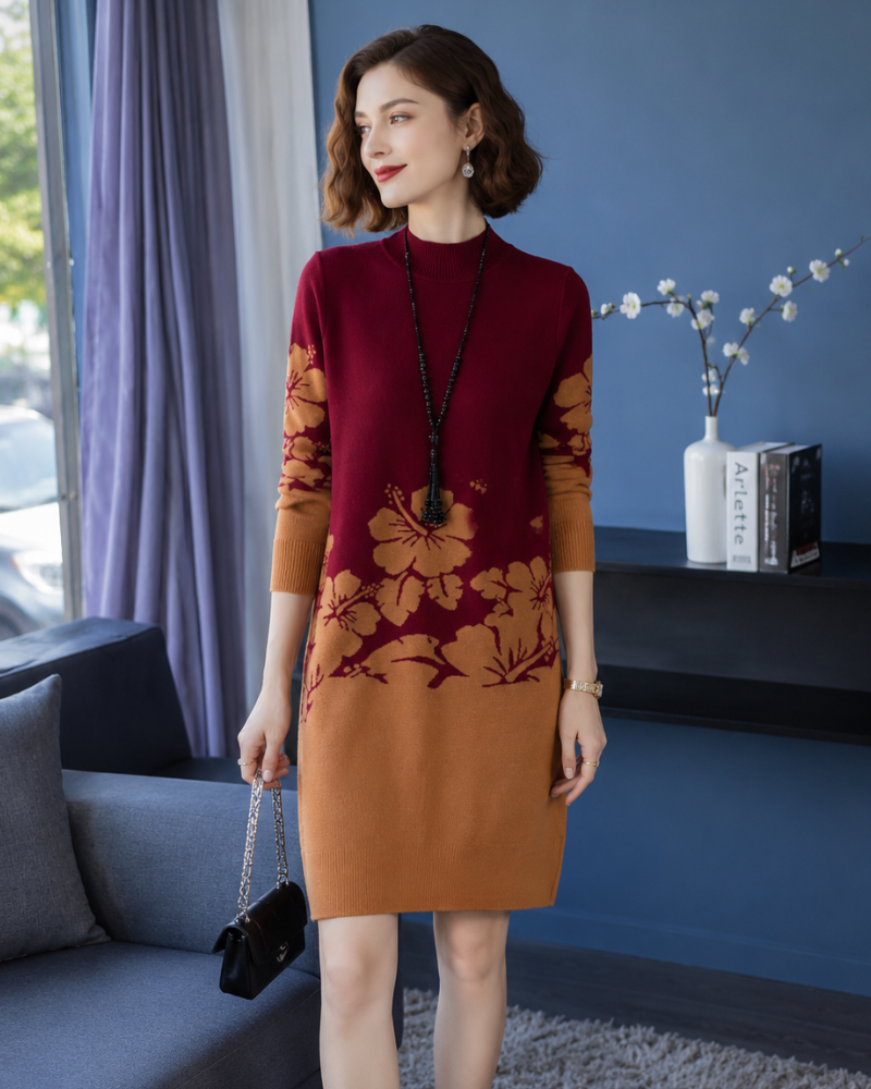Nieves | Vestido midi de punto floral cuello alto