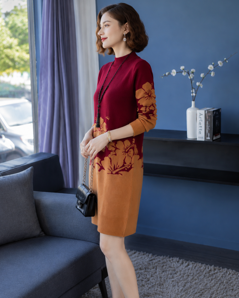 Nieves | Vestido midi de punto floral cuello alto
